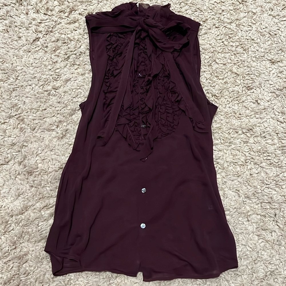 Ralph Lauren Blue Label Women’s Sheer Ruffle Sleeveless Blouse Dark Purple